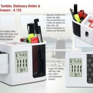 A123 – Clock with tumbler, stationary holder and slide out drawers