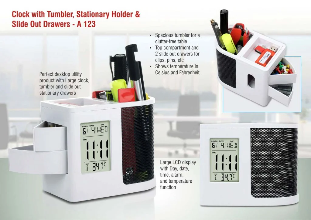 A123 – Clock with tumbler, stationary holder and slide out drawers