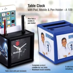 A109 – Table clock with pad and mobile holder (4 Side branding area) (Branding included) (MOQ: 200 pcs)