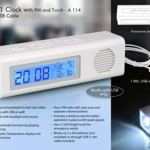 A114 – 3 in 1 Clock with FM and Torch with Dual power option (with USB wire)
