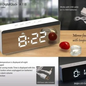 A118 – Mirror finish Digital clock (rectangle) with Temperature (Dual power option) (USB cable included)
