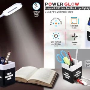 C160 – PowerGlow Table Lamp with USB hub, tumbler and logo highlight | 3 USB ports | With mobile stand