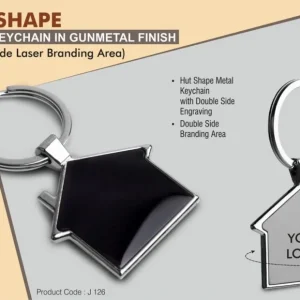 J126 – Hut shape metal keychain in Black finish (Double side laser)